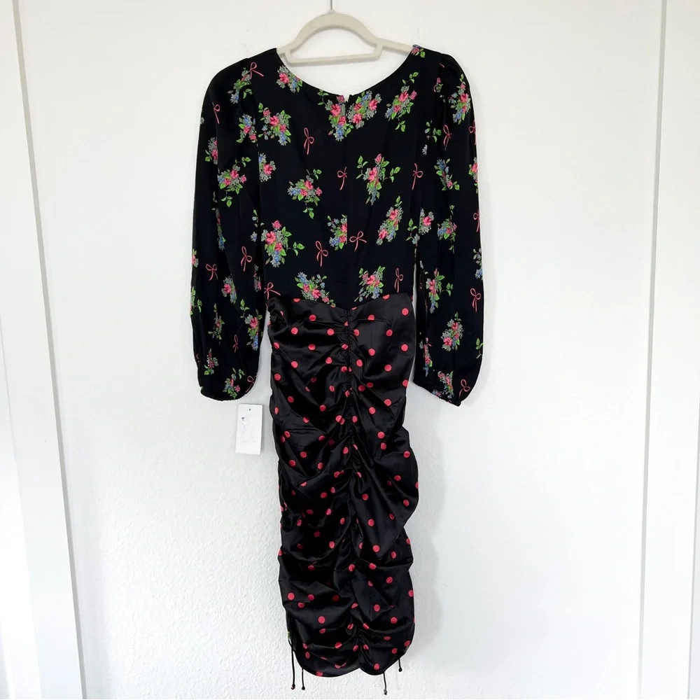 NWT For Love & Lemons Wilson Print Ruched Midi Dress in Polka Dots & Floral - Picture 5 of 10